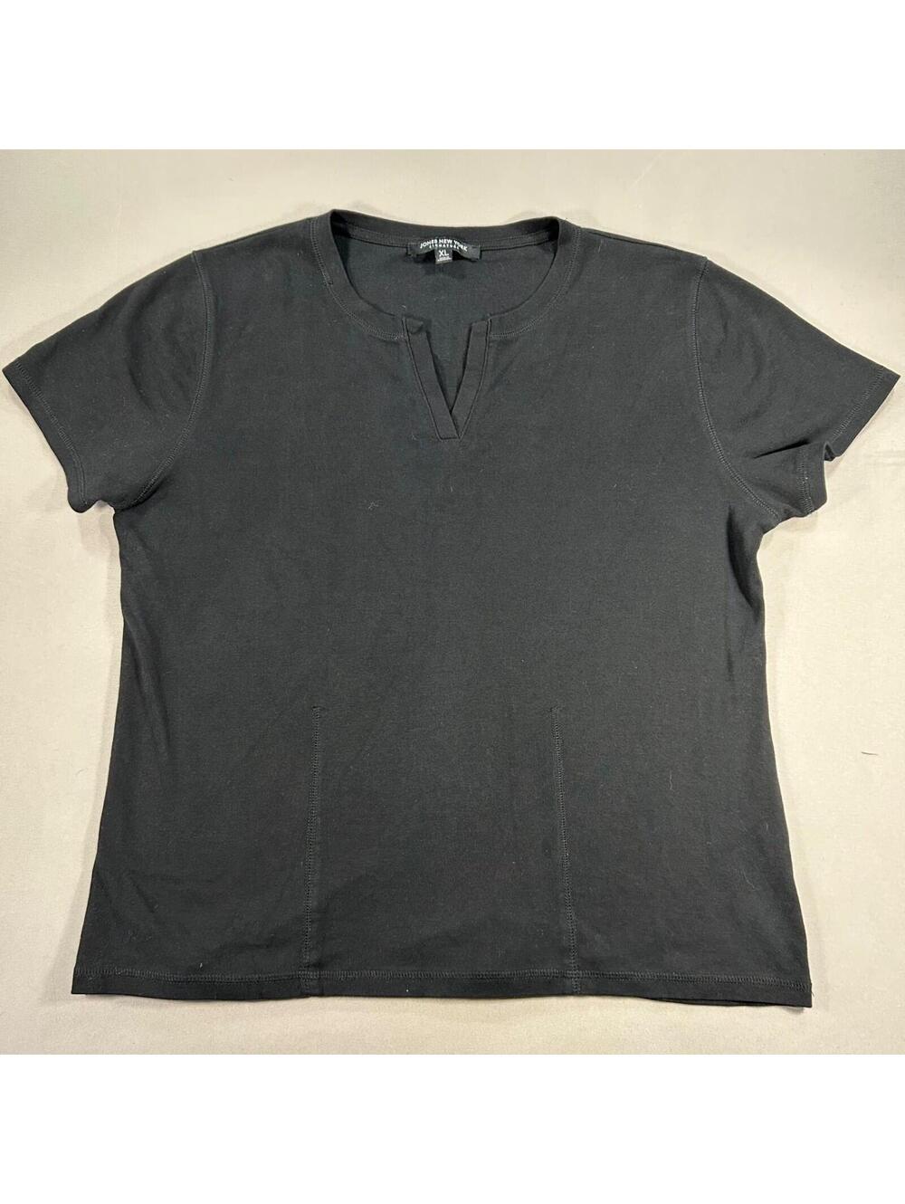 Jones New York Black T-Shirt Short Sleeve Cotton Stretch Split Neck Womens XL